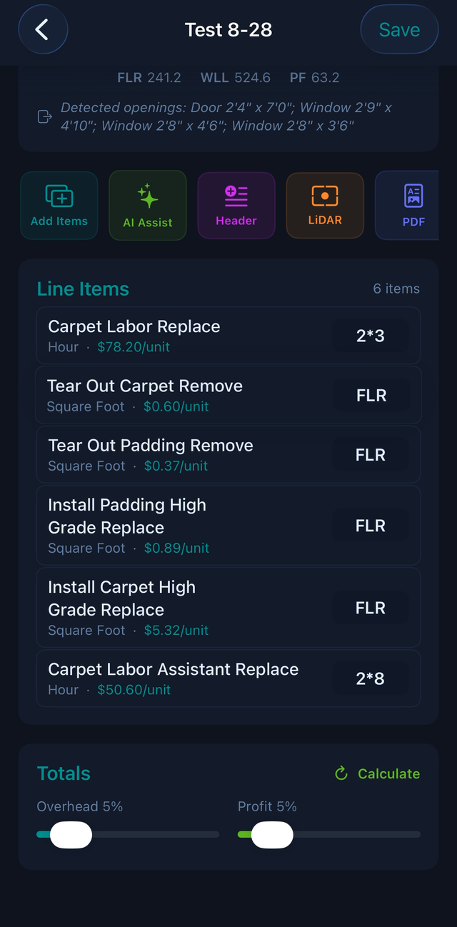 Estimate builder with detected openings note, line items, and formulas