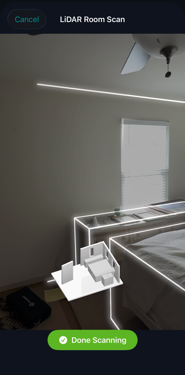 LiDAR scan mapping a bedroom, furniture and window detected
