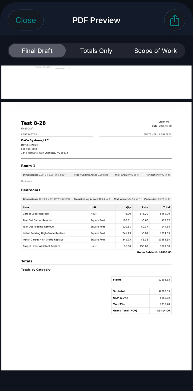 PDF preview with itemized estimate and totals