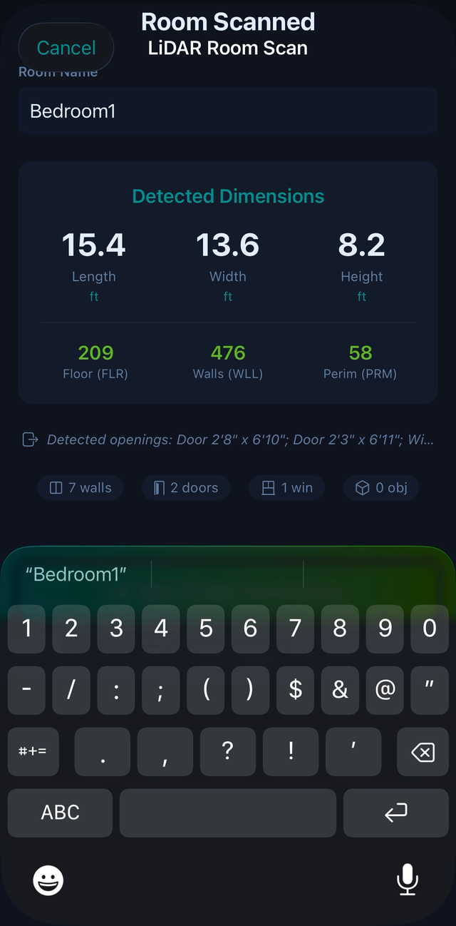 Scan results: dimensions, floor and wall area, detected doors and windows